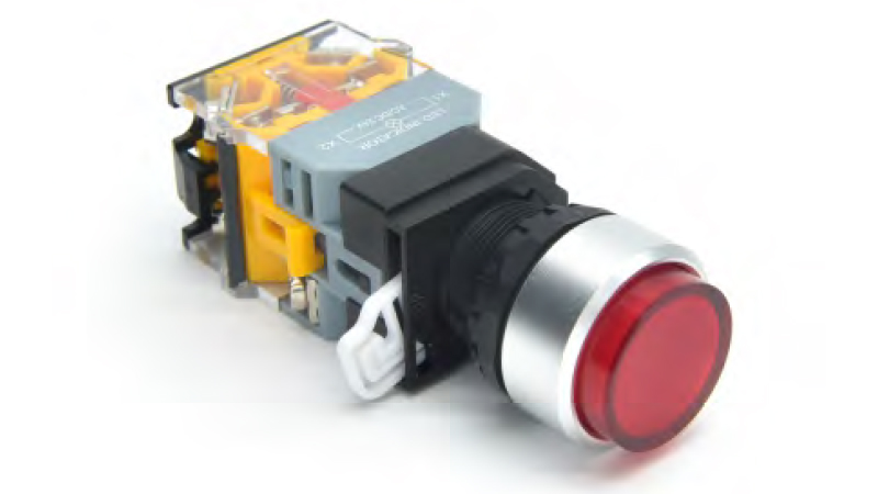 Кнопка  DT22M-FRHD11/RDAC/DC24 - Кнопка управления в сборе, без фиксации, 24 - 380VAC / DC, 0,6 - 10A, с подсветкой, 24VDC, цвет: красный, диаметр отверстия: 22 мм, металлическая обойма кнопки