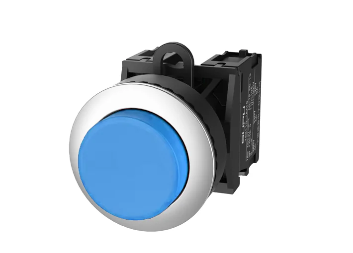 Кнопка выпуклая (синяя) TS2520-0DM40-S20 - Кнопка круглая выпуклая, без блокировки, без подсветки, утопленное алюминиевое переднее кольцо, с мгновенным нажатием, с контактной группой 2NO, диаметр головки кнопки 36 мм, диаметр посадочного отверстия: 22 мм,