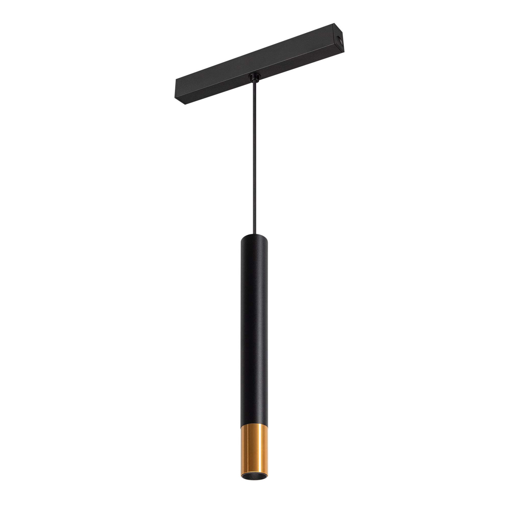Светильник MAG-SPOT-HANG-25-R30-5W Warm3000 (BK-GD, 45deg, 24V) 034244 - Светильник подвесной для магнитных треков шириной 25мм, 5Вт. Цвет свечения ТЕПЛЫЙ 3000K, световой поток 300лм, угол 45°, CRI>90. Корпус цилиндрический, металл, цвет черный с золотой 
