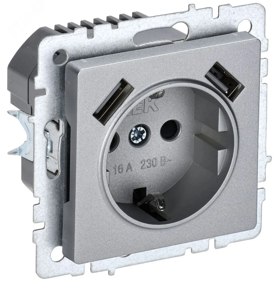 Розетка BRITE РЮш10-1-БрА 16А с USB A+A 2.1А с заземл. защ. шторки алюм. BR-R14-16-U21-D21-K47