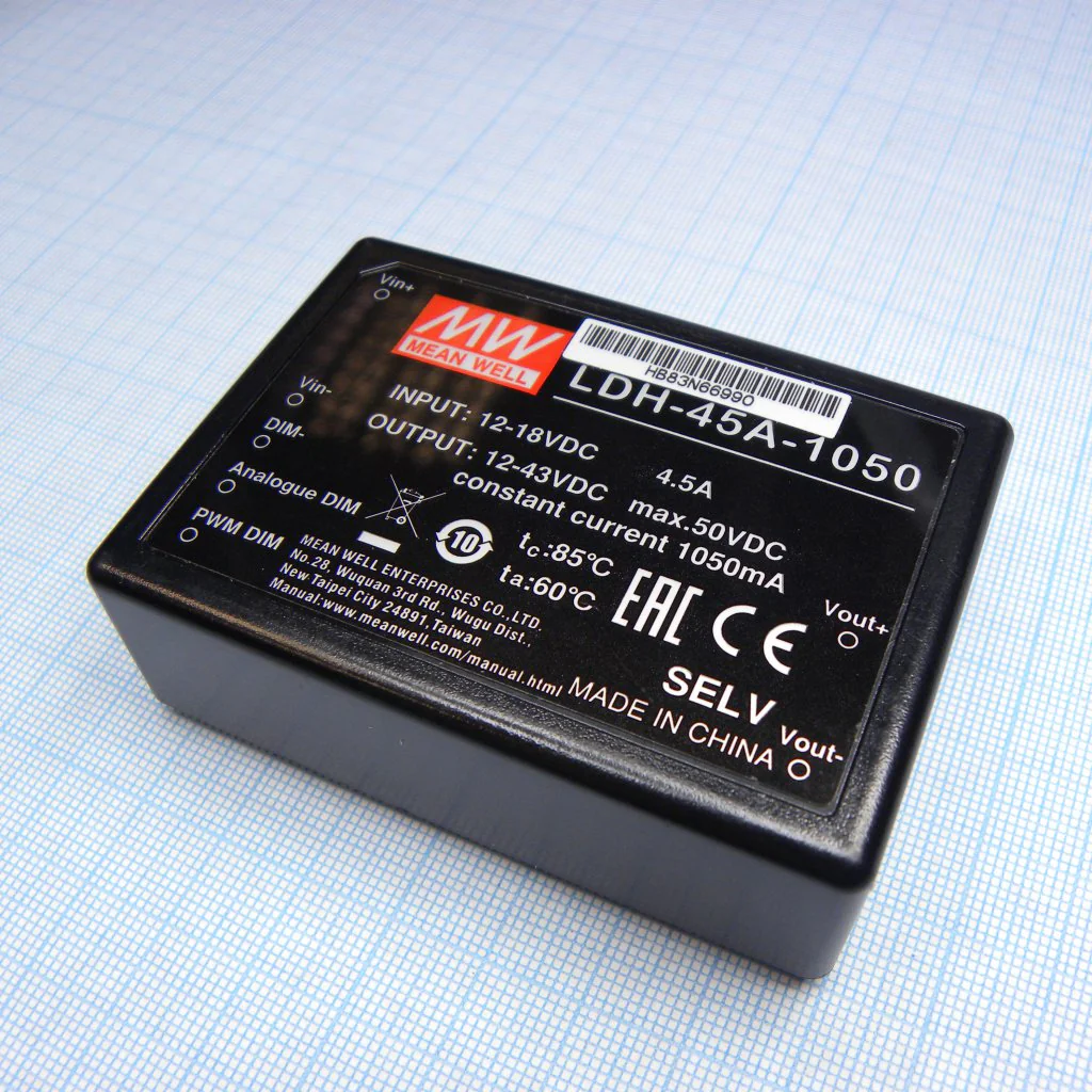 LDH-45A-1050 - DC/DC LED повышающий, вход 9…18В, выход 12…43В/1.05А, КПД до 91%, вход On/Off/DIMM, 75x53x22.7мм, DIP, -40…60°C, пластик