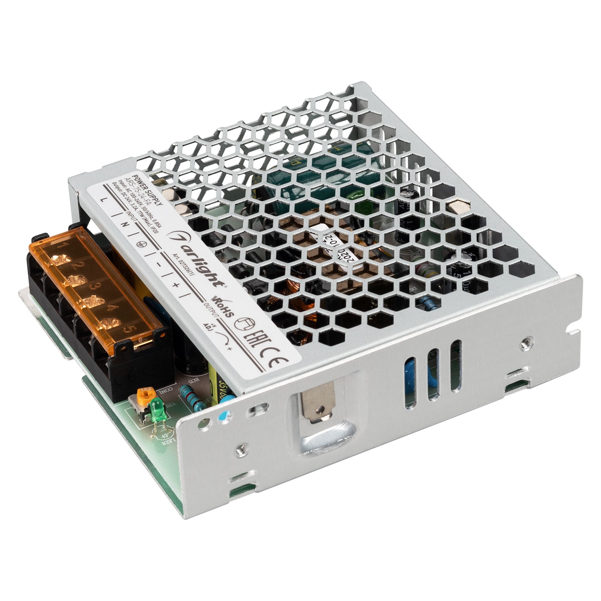 Блок питания ARS-75-24-FA (24V, 3.2A, 77W) 027326(1) - Источник напряжения с гальванической развязкой для светодиодных изделий. Входное напряжение 100-240 VAC. Выходные параметры: 24 В, 3,2 А, 77 Вт. Встроенный PFC >0,5. Негерметичный алюминиевый сетчатый