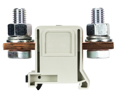 Клемма болтовая RFK 1 / 185 FM S35 - Сильноточная болтовая клемма, тип фиксации провода: перевернутый болт-перевернутый болт, номинальное сечение: 185 мм кв., 353A, 1000V, ширина: 42 мм, цвет: серый, тип монтажа: DIN 35