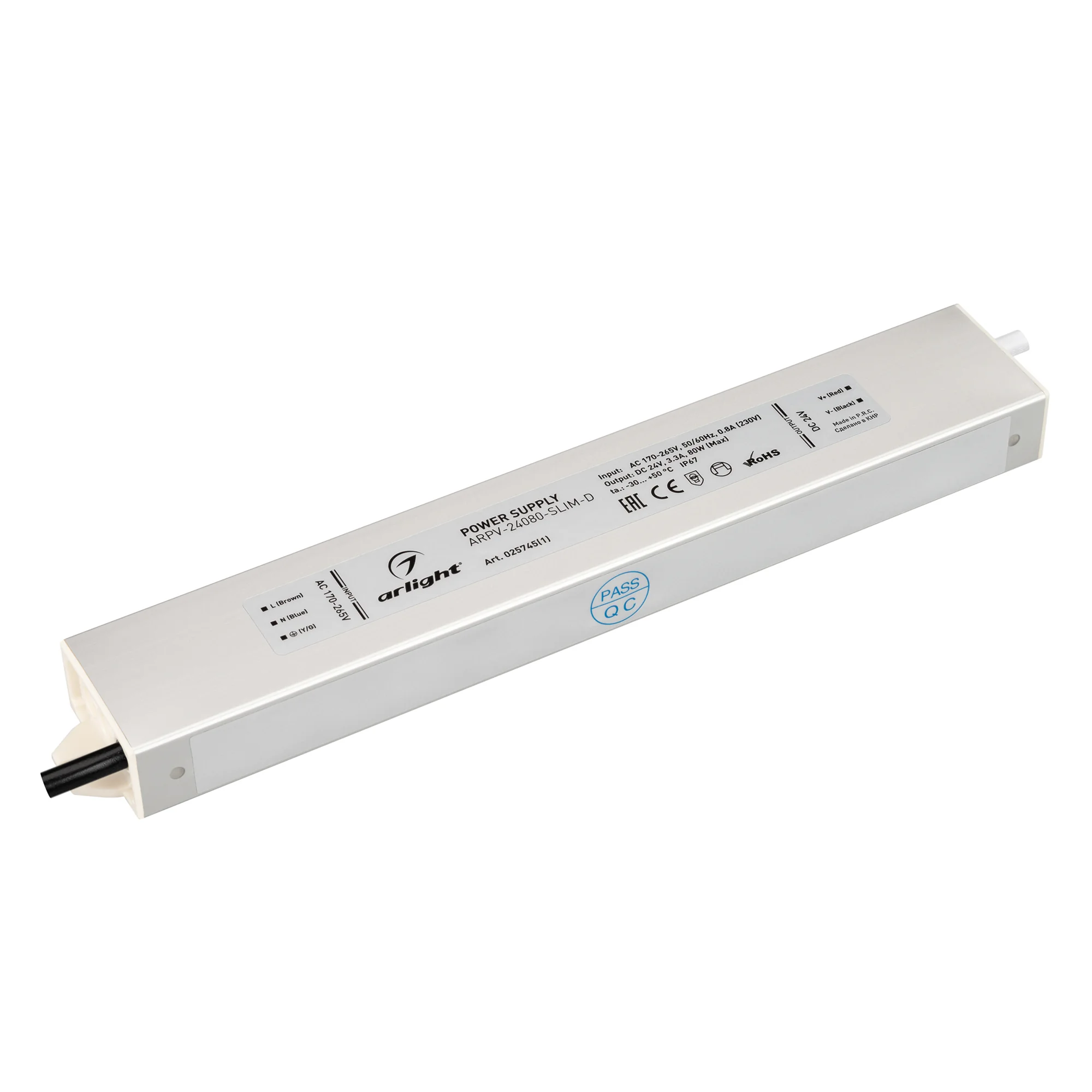 Блок питания ARPV-24080-SLIM-D (24V, 3.3A, 80W) 025745(1) - Источник напряжения с гальванической развязкой для светодиодных изделий. Входное напряжение 170-265 VAC. Выходные параметры: 24 В, 3,3 А, 80 Вт. Встроенный PFC >0,5. Герметичный алюминиевый корпу