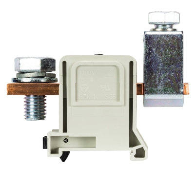 Клемма болтовая RFK 1 / 150 FK S35 - Сильноточная болтовая клемма, тип фиксации провода: зажим-болт, номинальное сечение: 150 мм кв., 335A, 1000V, ширина: 42 мм, цвет: серый, тип монтажа: DIN 35