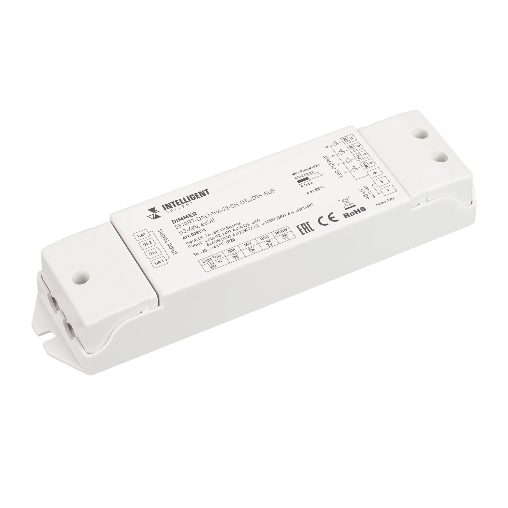 INTELLIGENT ARLIGHT Диммер SMART-DALI-104-72-SH-DT6/DT8-SUF (12-48V, 4x5A) 038158 - Диммер DALI для RGBW светодиодных лент. 1 адрес устройства, 4 канала управления. Тип устройства DT6 в режиме DIM или DT8 в режиме MIX, RGB/RGBW. Частота ШИМ 2000 Гц. Питан
