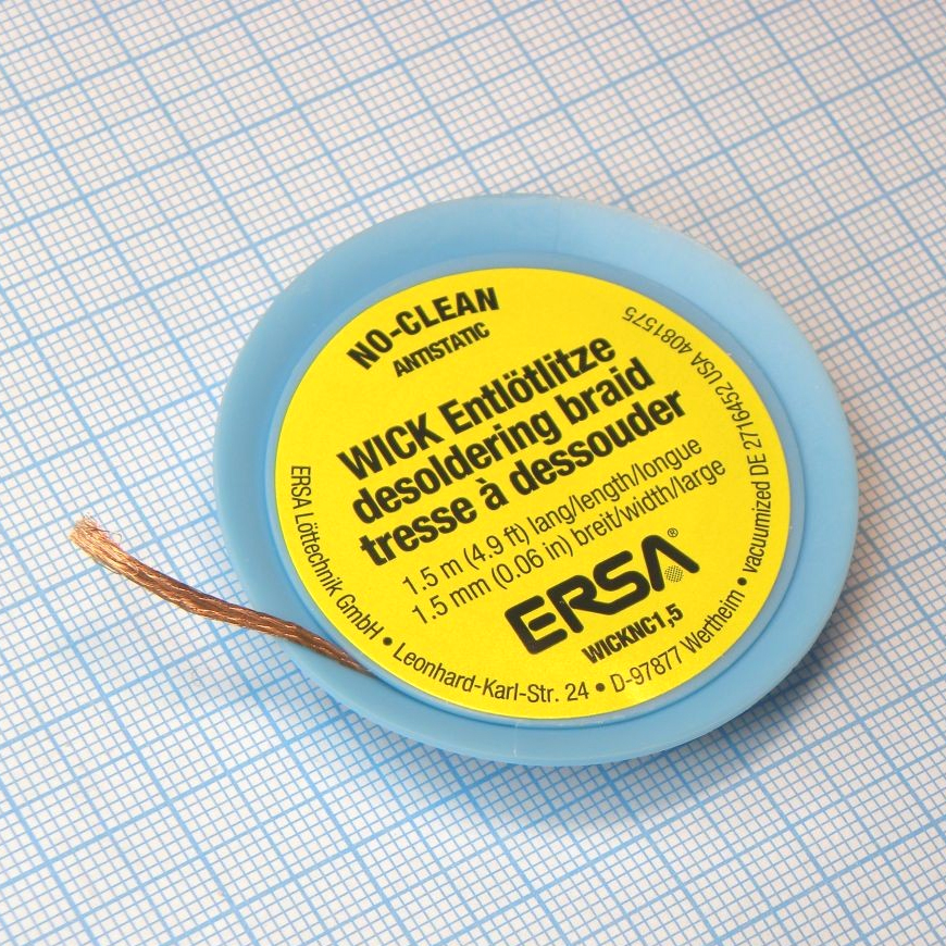 Оплетка с флюсом для удаления припоя 1.5 - Впитывающая припой медная плетеная лента с безотмывочным флюсом, ширина 1.5мм, длина 1.6м.