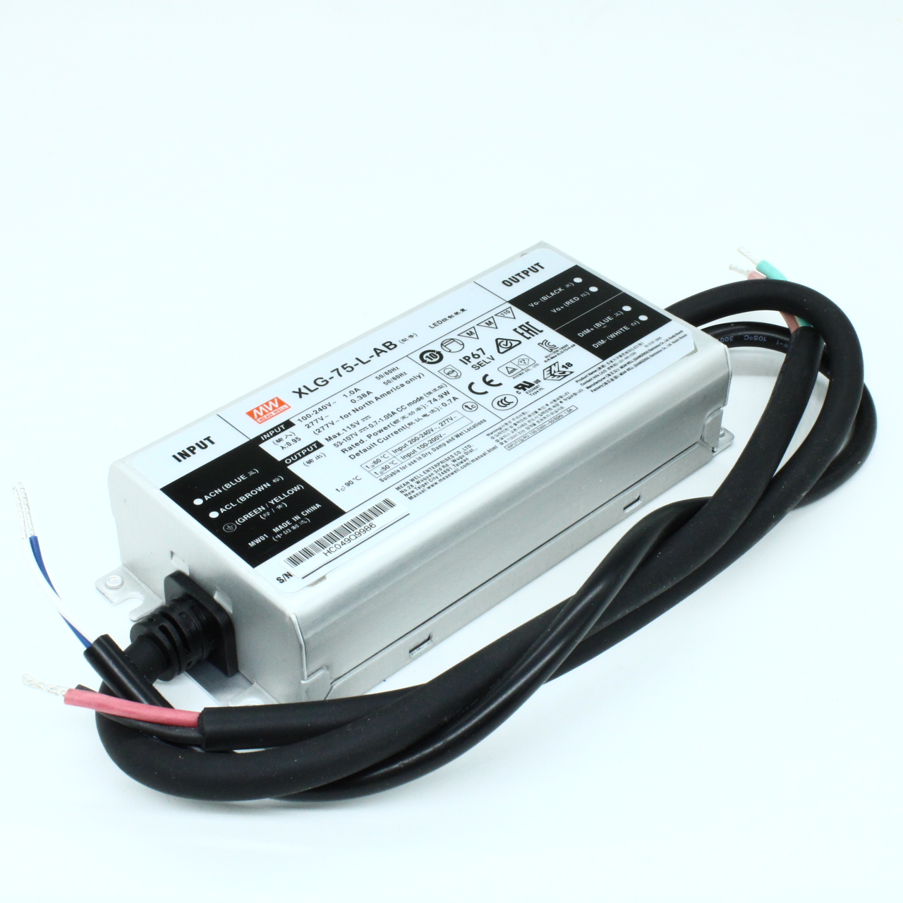 XLG-75-L-AB - AC-DC, 75Вт, стабилизатор тока, IP67, вход 100…305В AC, 47…63Гц, ККМ, выход 700…1050мА/53…107В (режим пост. мощности), изоляция 3750В AC, в кожухе 140х63х32мм, -40…+90°С (корпус), встр. потенциометр, димминг 3 в 1