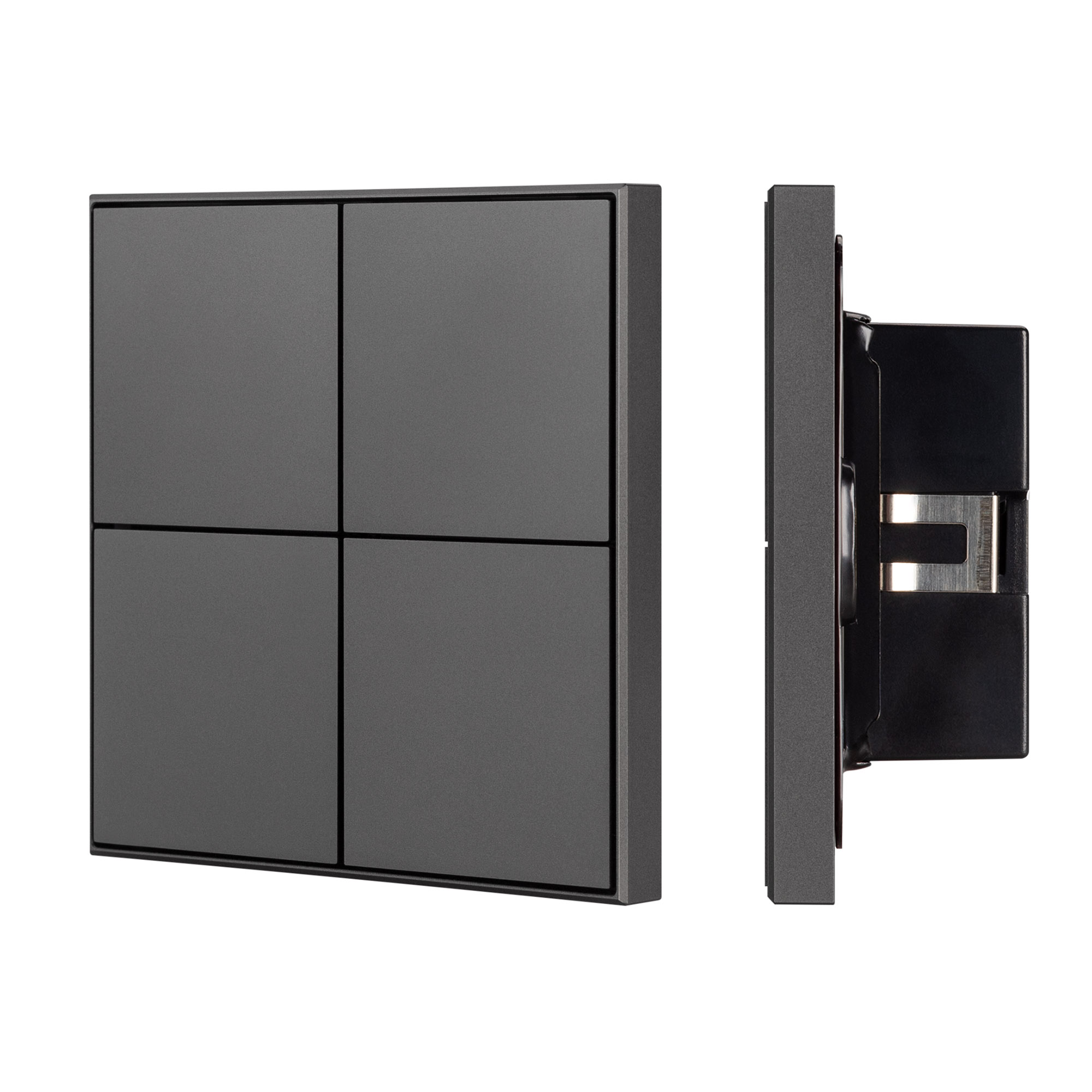 INTELLIGENT ARLIGHT Кнопочная панель KNX-304-23-IN Black (BUS, Frame) 039667 - Универсальная многофункциональная встраиваемая настенная панель для систем KNX. 4 рокерные клавиши, 1 клавиша может выполнять функции 2-х клавиш. Тонкая рамка, материал - алюми