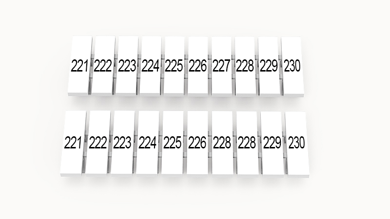 Марк.  полоска ZB3.5-10P-19-32Z(H) - Маркировочные шильдики для клемм DS…, сечением 1,5 мм кв., центральная, 10 шильдиков нанесенные символы: 221-230, с вертикальным расположением, размер шильдика: 2,95х10,7 мм, цвет белый