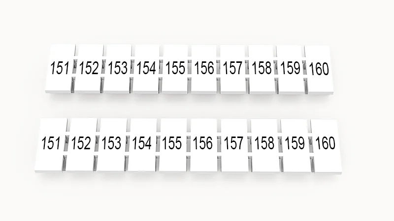 Марк.  полоска ZB5-10P-19-48Z(H) - Маркировочные шильдики для клемм WS…, DC…, PC…, сечением 2,5 мм кв., центральная, 10 шильдиков, нанесенные символы: 151-160 с вертикальным расположением, размер шильдика: 4,55х10,7 мм, цвет белый