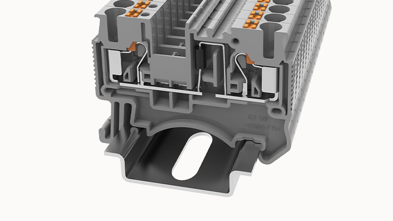 Клемма с диодом DS2.5-LD R-L-01P-11 - Клемма с диодом, схема R-L, тип фиксации провода: Push-in, номинальное сечение: 2.5 мм кв., 5A, 800V, ширина: 5,2 мм, цвет: серый, втычная перемычка, тип монтажа: DIN35