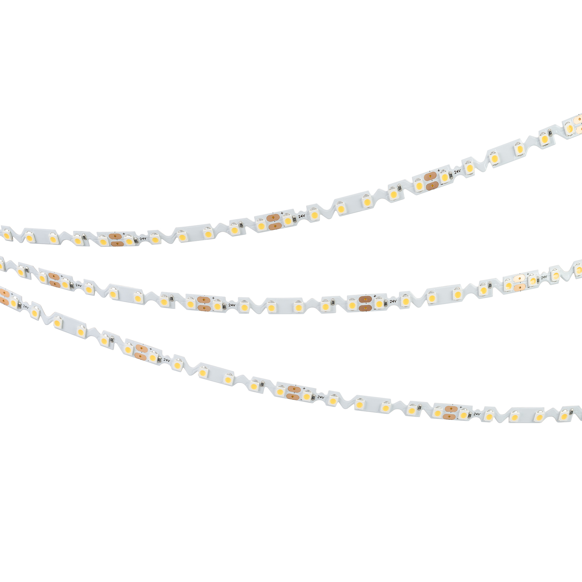 Лента RZ-A120-6mm 24V Warm2700 (9.6 W/m, IP20, 2835, 5m) 040806 - Гибкая лента с фигурной платой в форме волны, легко изгибается на плоскости. Светодиоды smd 2835, 120шт/м (600шт на 5м), белая плата, скотч 3М. Цвет ТЕПЛЫЙ 2700K. Питание 24 В, мощность 9.6