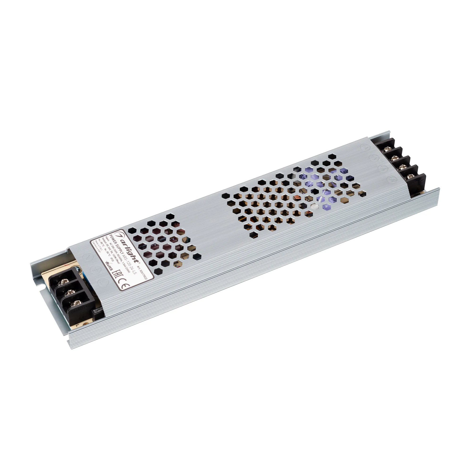 Блок питания ARS-120-24-LS (24V, 5A, 120W) 026170(2) - Источник напряжения с гальванической развязкой для светодиодных изделий. Входное напряжение 200-240 VAC. Выходные параметры: 24 В, 5 А, 120 Вт. Встроенный PFC >0.5. Негерметичный алюминиевый сетчатый 