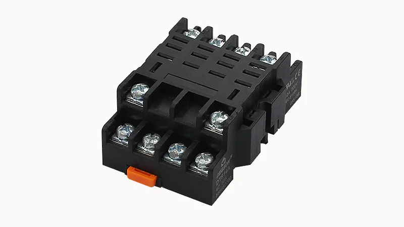 Колодка для реле DPTF14A-3 - Колодка для реле DRPL-4C, 16A, 300V, фиксация провода: с кольцевым наконечником, пластик, цвет: черный, монтаж на DIN рейку