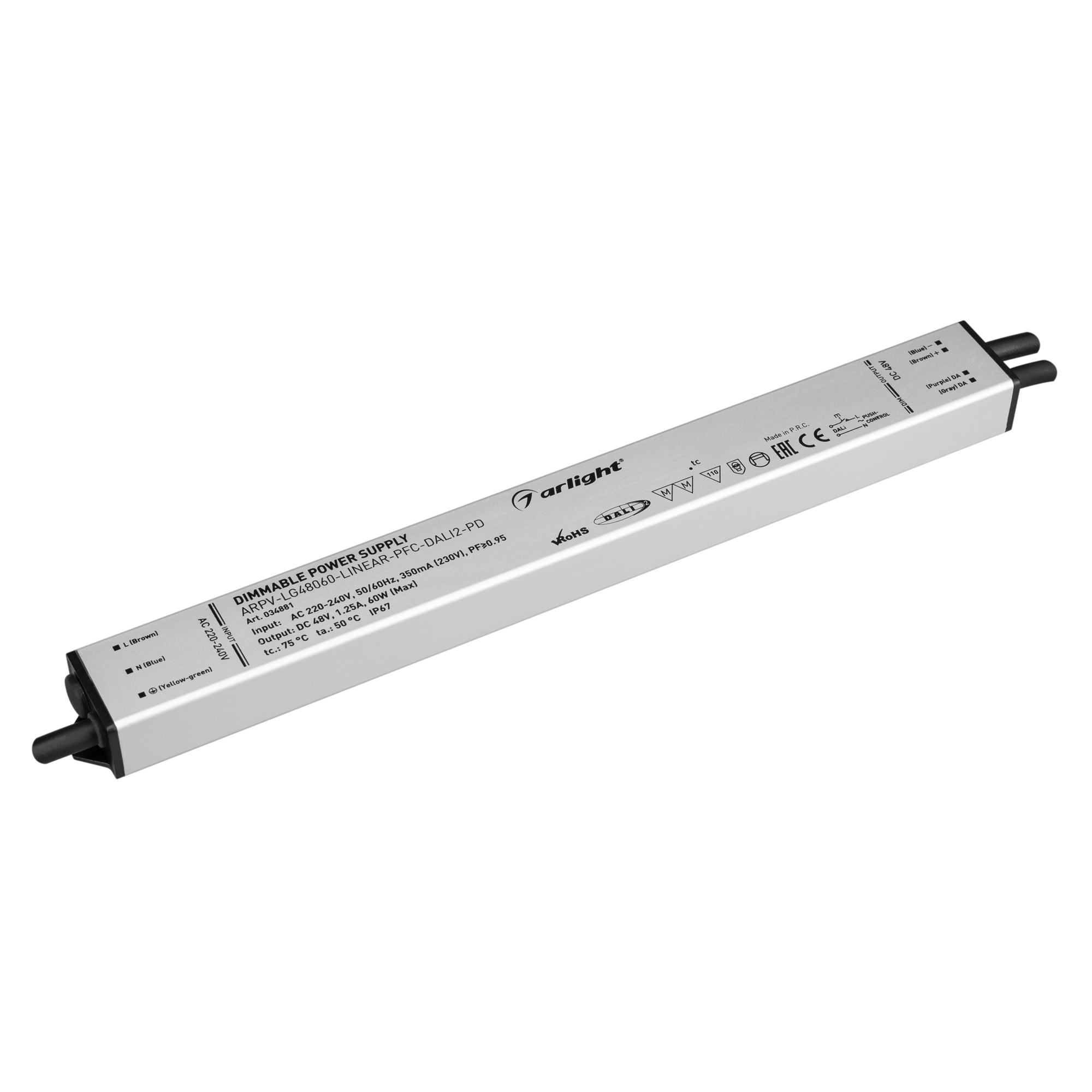 Блок питания ARPV-LG48060-LINEAR-PFC-DALI2-PD (48V, 1.25A, 60W) 034881 - Диммируемый блок питания 48V с гальванической развязкой, ток 1.25А, 60Вт, с управлением DALI, c функцией PUSH-DIM, с корректором мощности, PF>0,95. Тонкий металлический корпус IP67. 