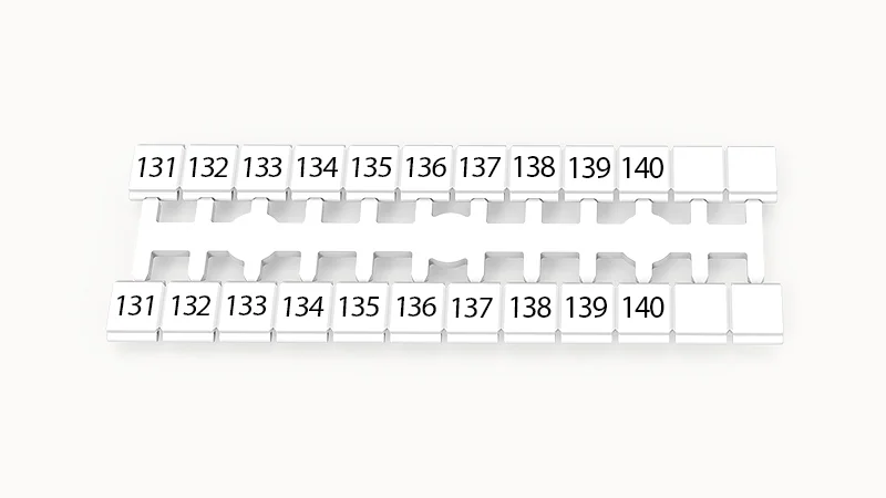 Марк.  кассета ZK5-24P-19-24Z(H) - Кассета с шильдиками для клемм DS…, сечением 2,5 мм кв., боковая, 24 шильдиков, нанесенные символы: 131-140 + 2 чист, 2 ряда с вертикальным расположением, размер шильдика: 4,6х5,0 мм, цвет белый
