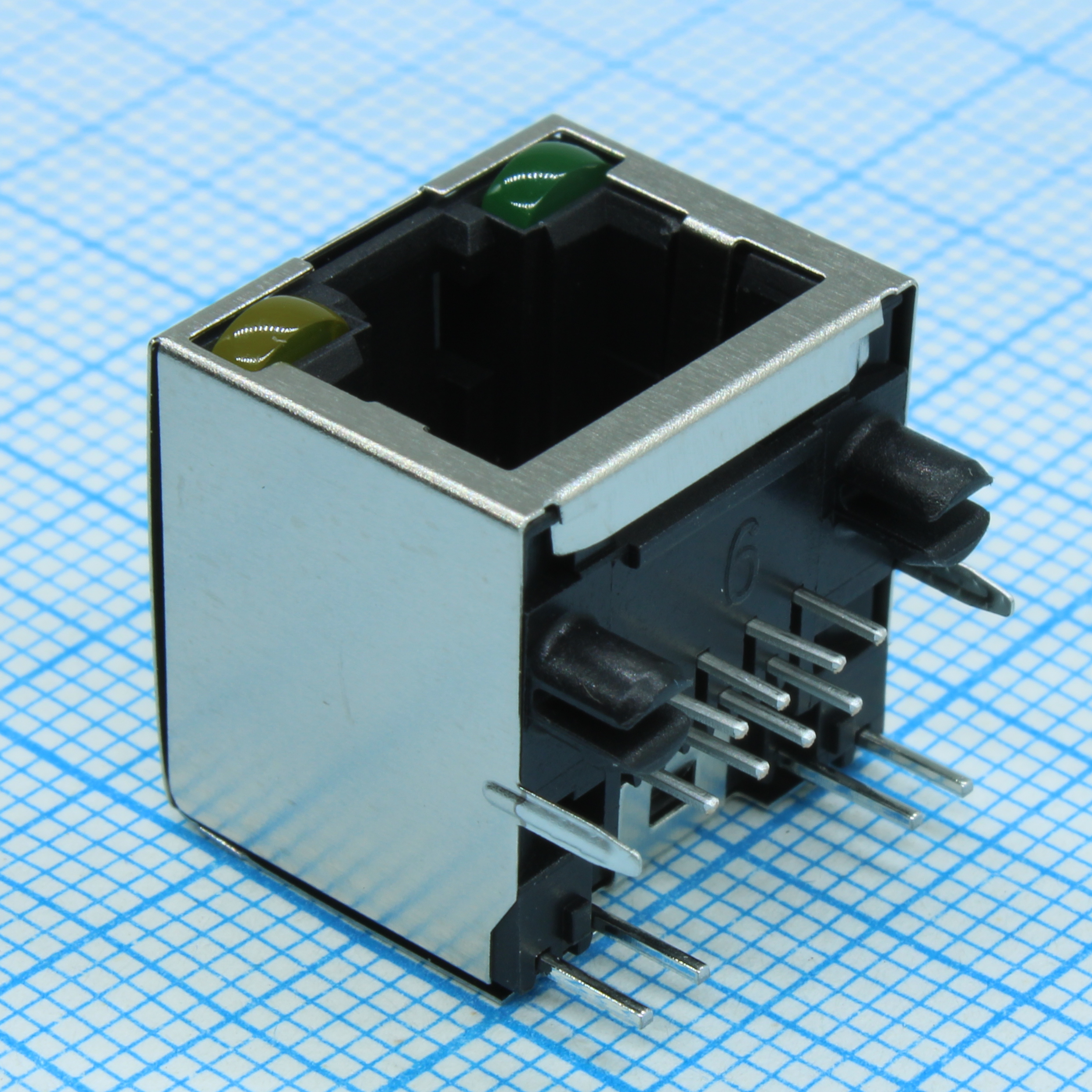 RJHSE-5381 - Разъем RJ-45 розетка 16 контактов шаг 1.02мм угловой монтаж в отверстие 24 терминала 1 порт