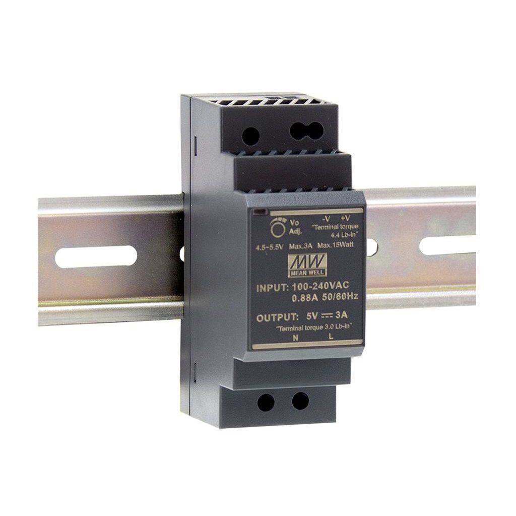 HDR-30-5 - AC-DC, 15Вт, вход 85...264 В AC 47...63Гц/120...370В DC, выход 5В/3А, изоляция 3000В AC, в кожухе на DIN-рейку, 35х90х54.5мм, -30...+70°С