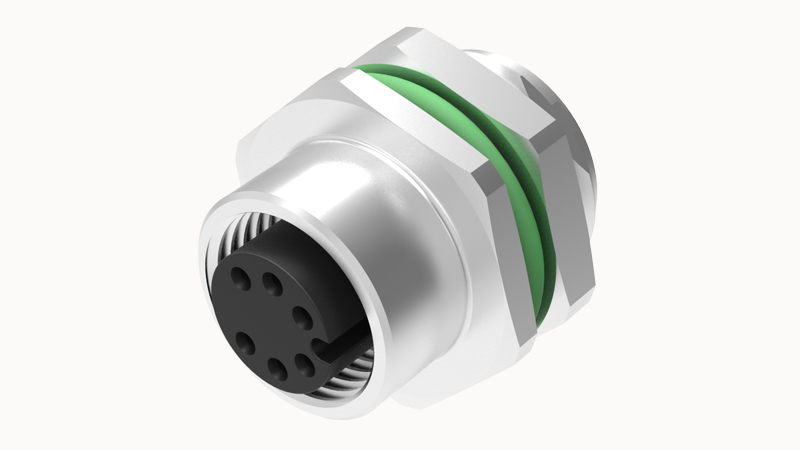 Розеточный разъем SP-M12A-08P-FF-SH8002 - Розеточный разъем в панель, 8 полюсов, M12, гайка сзади, монтаж на плату, 180 град., A-Code, 2А, 30V, M16*1.5, металл