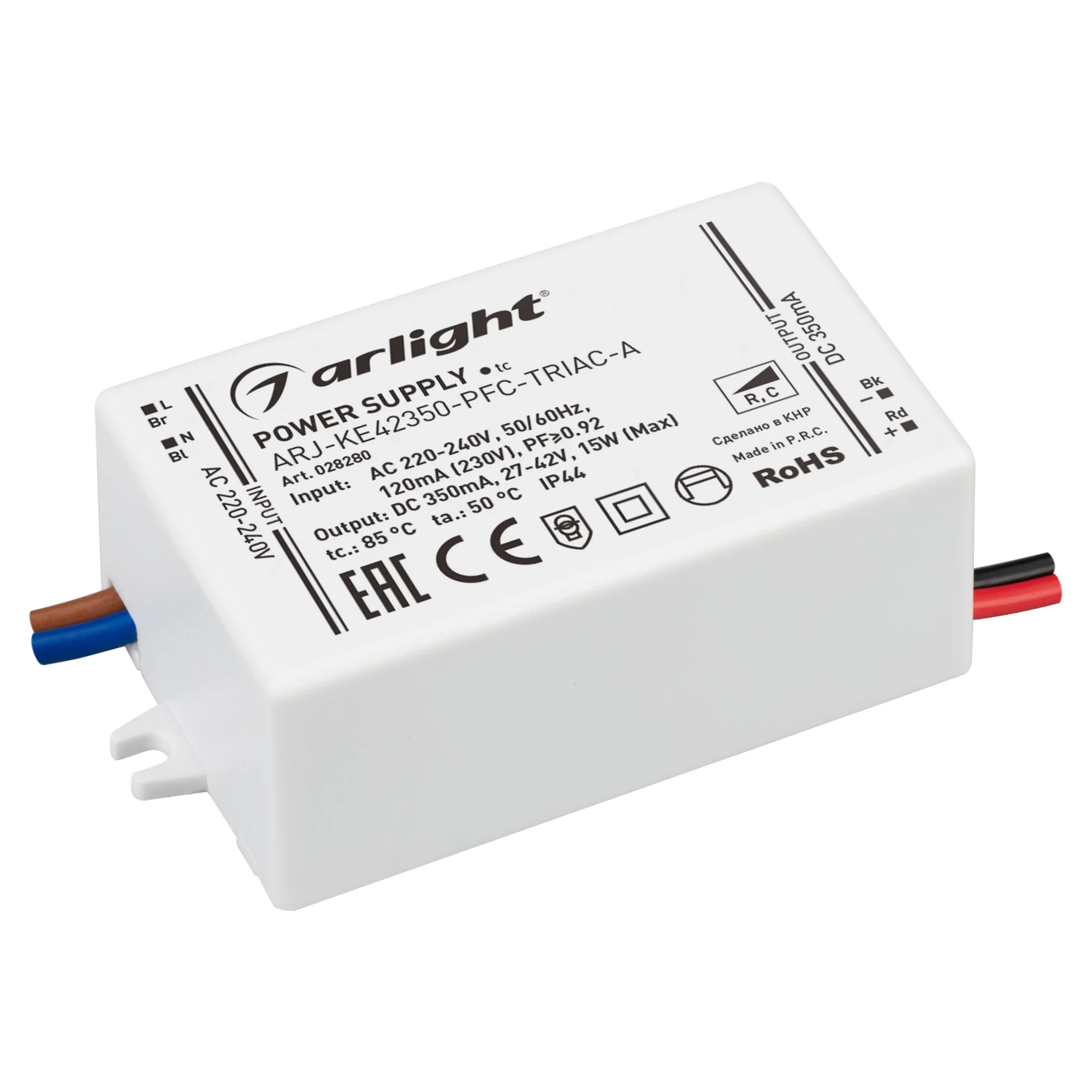 Блок питания ARJ-KE42350-PFC-TRIAC-A (15W, 350mA) 028280 - Диммируемый источник тока по стандарту TRIAC с гальванической развязкой для светильников и мощных светодиодов. Входное напряжение 220-240 VAC. Выходные параметры: 27-42 В, 350 mА, 15 Вт. Выбор зна