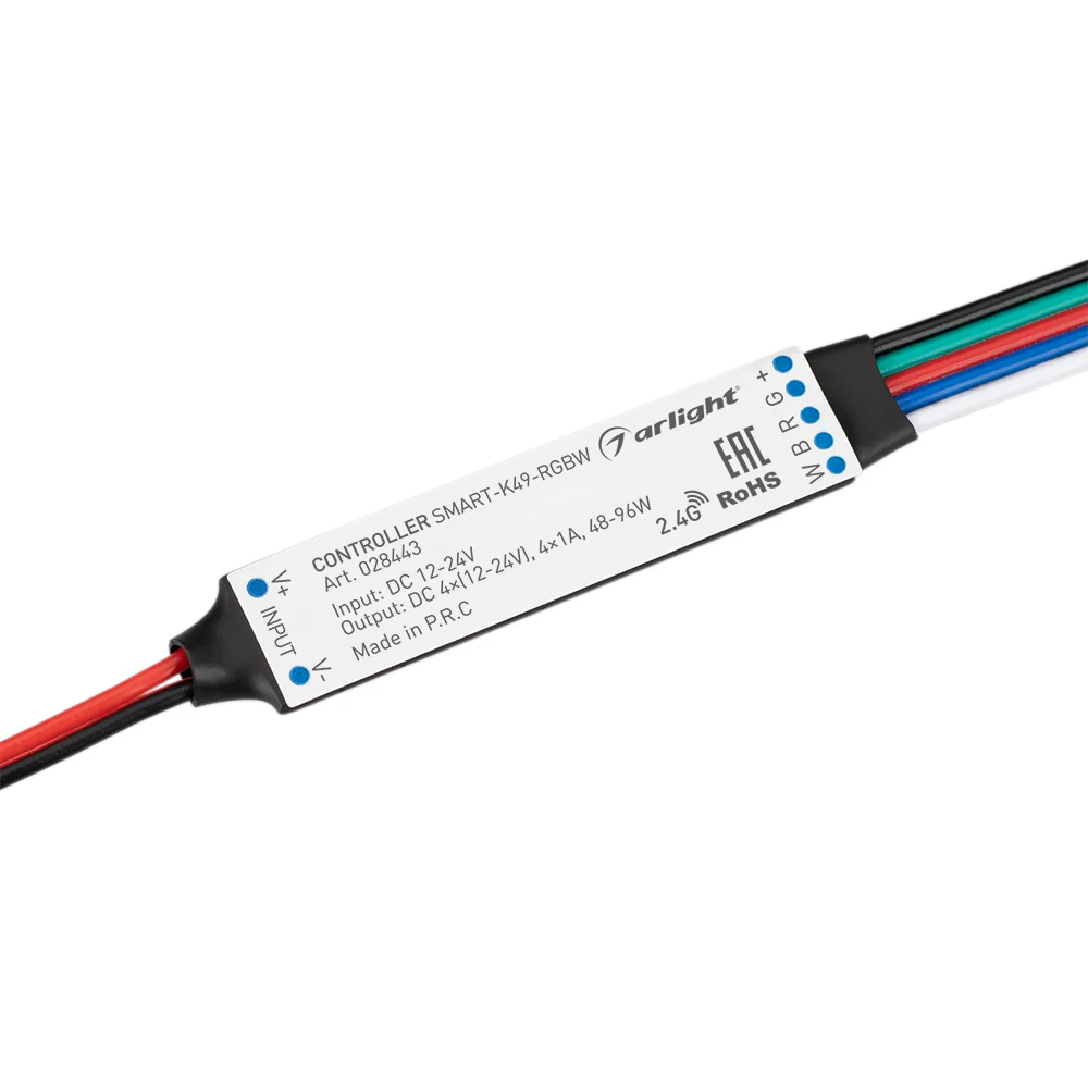 Контроллер SMART-K49-RGBW (12-24V, 4x1A, 2.4G) 028443 - Миниатюрный контроллер для RGBW светодиодной ленты (ШИМ). Питание/рабочее напряжение 12-24VDC, максимальный ток 1A на канал, 4 канала, максимальная мощность 48-96W. Габариты 60x14x6 мм. Совместим с п