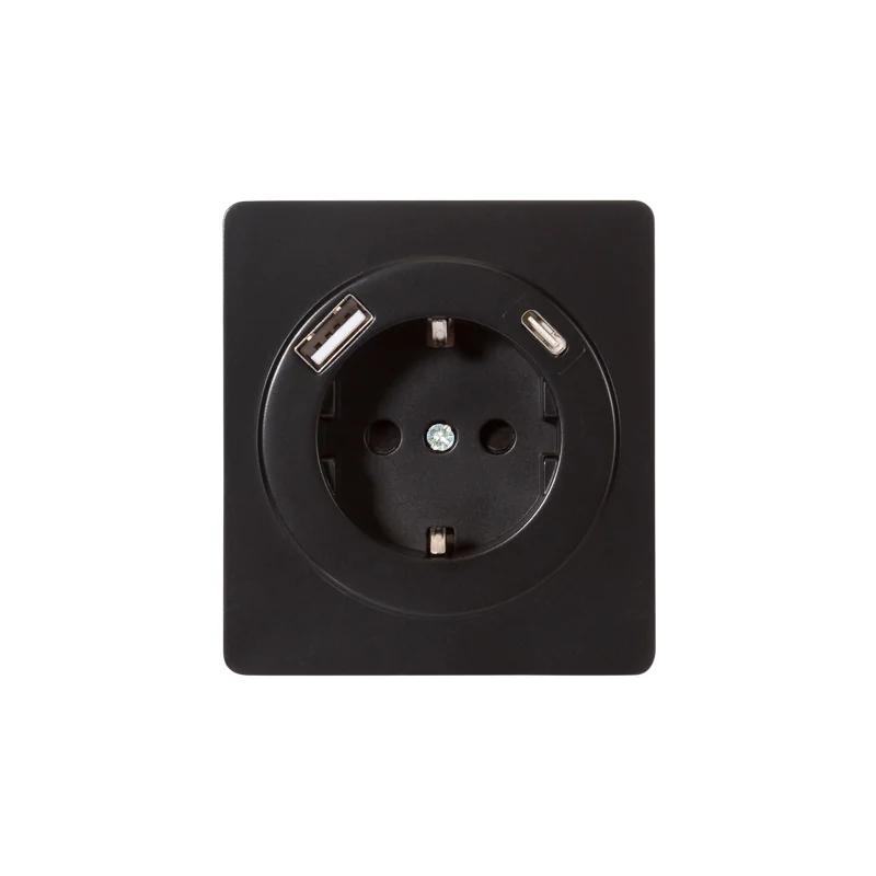 Розетка ROUND одинарная с/з скрытой установки з/ш 16А с USB A+C быстрой зарядки 5В/3А механизм оникс