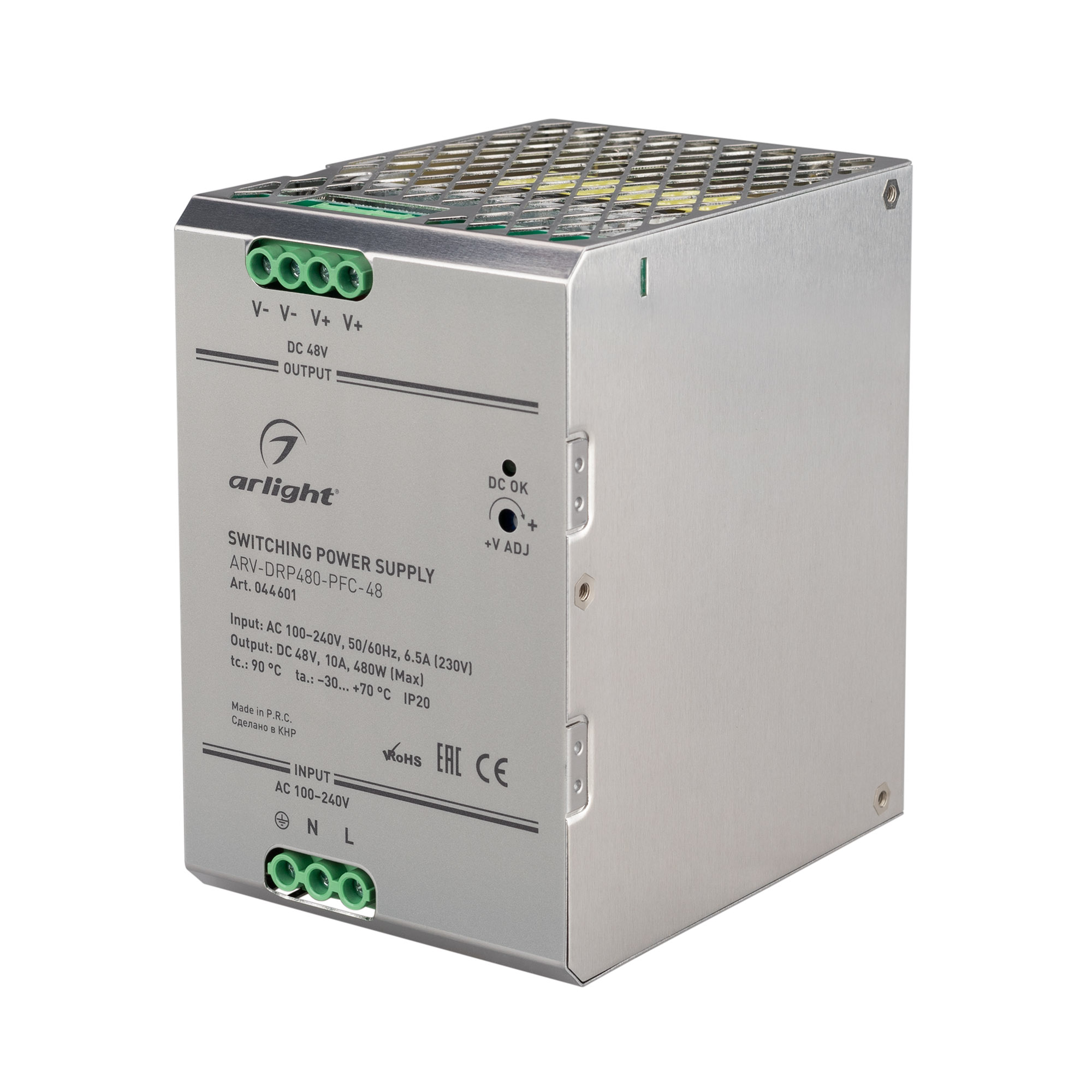 Блок питания ARV-DRP480-PFC-48 (48V, 10A, 480W) 044601 - Источник напряжения с гальванической развязкой для светодиодных изделий. Входное напряжение 100-240 VAC. Выходные параметры: 48 В, 10 А, 480 Вт. Негерметичный металлический корпус IP 20 для установк