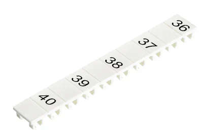 Шильдик M1.517.0401.1 - Маркировка для клемм сечением 2,5 мм.кв., шириной 5 мм, 10 шильдиков, белая, нанесенные знаки: 36, пробел,37, ,38, ,39, ,40,
