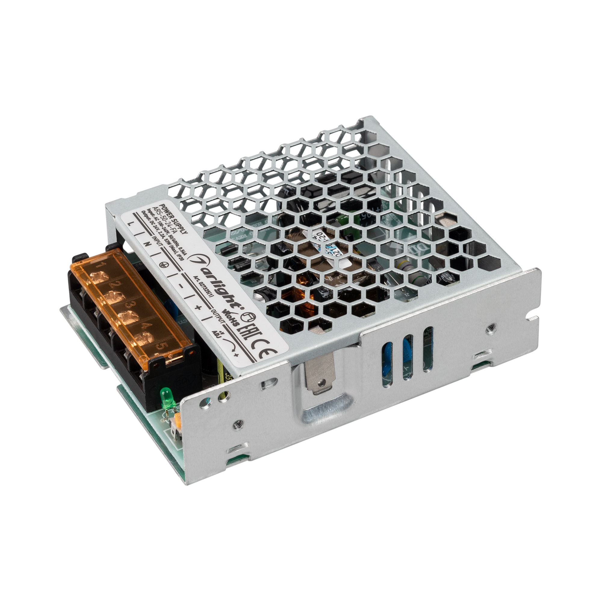 Блок питания ARS-50-24-FA (24V, 2.2A, 53W) 027325(1) - Источник напряжения с гальванической развязкой для светодиодных изделий. Входное напряжение 100-240 VAC. Выходные параметры: 24 В, 2,2 А, 53 Вт. Встроенный PFC >0,5. Негерметичный алюминиевый сетчатый