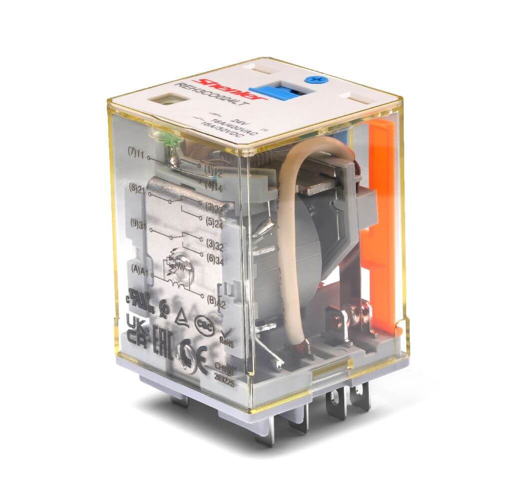 Реле REH3CO220LT - Силовое реле, 3 группы переключающих контактов, тип контактов: 3СO, 220VDC, 16A, светодиодная индикация, тестовая кнопка, для колодок серий: SEB11-E, SEB11-P
