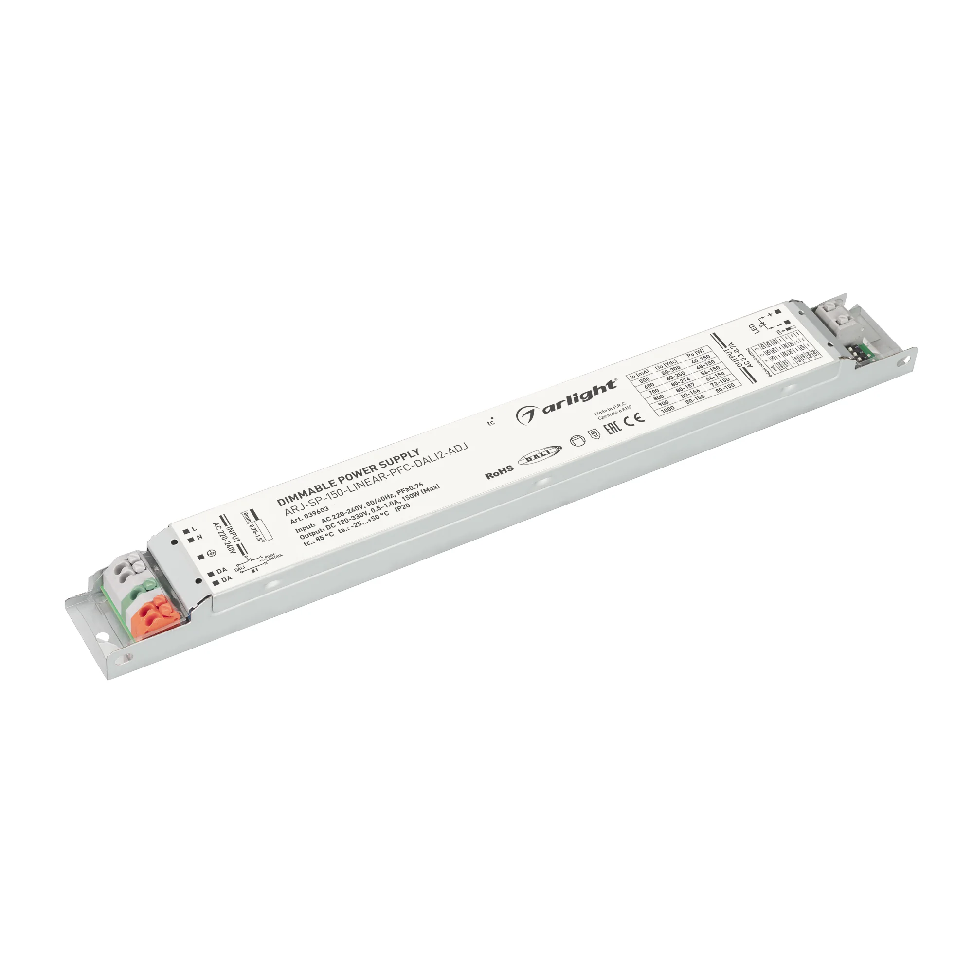 Блок питания ARJ-SP-150-LINEAR-PFC-DALI2-ADJ (150W, 120-330V, 0.5-1.0A) 039603 - Диммируемый источник тока без гальванической развязки с регулировкой для светильников и мощных светодиодов. Входное напряжение 220-240 VAC. Предназначены для питания групп св