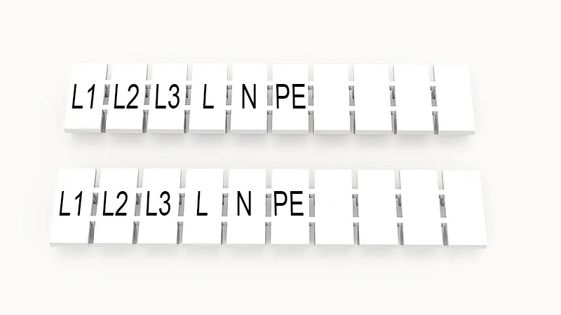 Марк.  полоска ZB5-10P-19-168Z(H) - Маркировочные шильдики для клемм WS…, DC…, PC…, сечением 2,5 мм кв., центральная, 10 шильдиков, нанесенные символы: L1 L2 L3 L N PE с вертикальным расположением, размер шильдика: 4,55х10,7 мм, цвет белый