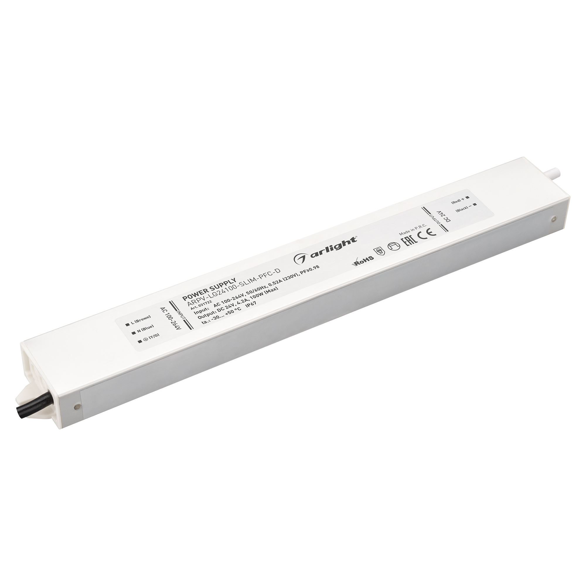Блок питания ARPV-LG24100-SLIM-PFC-D (24V, 4.2A, 100W) 031722 - Источник напряжения с гальванической развязкой для светодиодных изделий. Входное напряжение 200-240 VAC. Выходные параметры: 24 В, 4.2 А, 100 Вт. Встроенный PFC >0.98. Герметичный алюминиевый