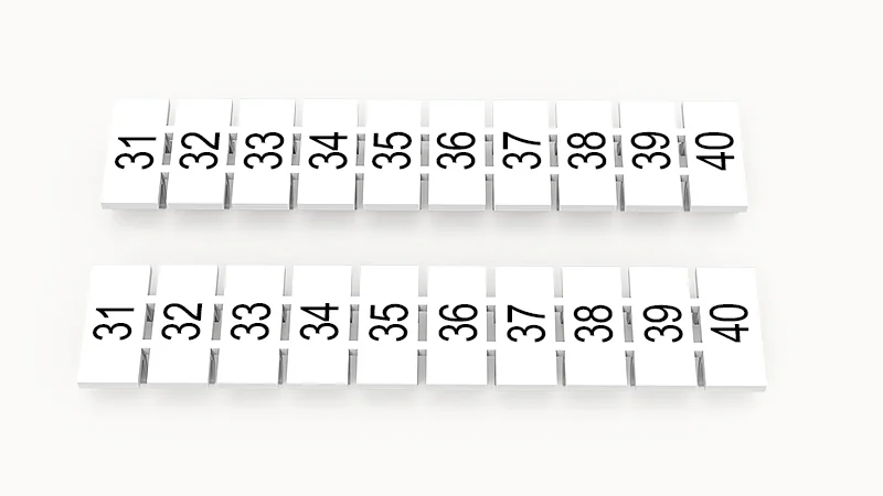 Марк.  полоска ZB5-10P-19-303Z(H) - Маркировочные шильдики для клемм WS…, DC…, PC…, сечением 2,5 мм кв., центральная, 10 шильдиков, нанесенные символы: 31-40 с горизонтальнымрасположением, размер шильдика: 4,55х10,7 мм, цвет белый