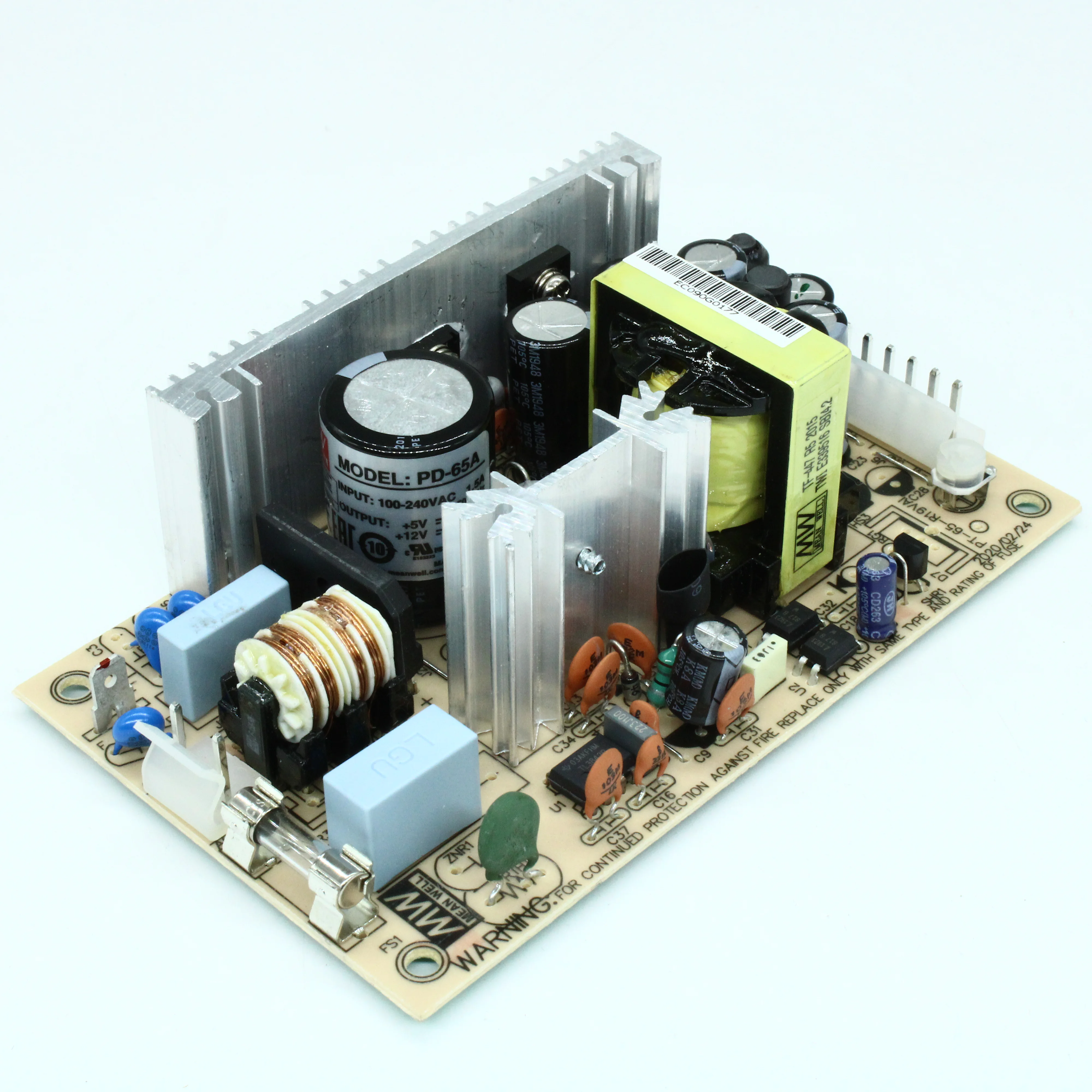 PD-65A - AC-DC, 65Вт, вход 85…264V AC, 47…440Гц /120…370В DC, выход1: +5В/0.4…7A, выход2: +12В/0.2…3.2A, изоляция 3000В AC, открытая плата 127х76х40мм, -10…+60°С