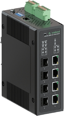 Коммутатор WIENET L2MS 8G-4PoE-4SF - Коммутатор серии WieNet, управляемый, 8 портов RJ45 скорость передачи 10/100 MBit/s, 4 SFP порта, 4 порта PoE, номинальное напряжение: 9-57 VDC, монтаж: на DIN рейку, материал корпуса: алюминий