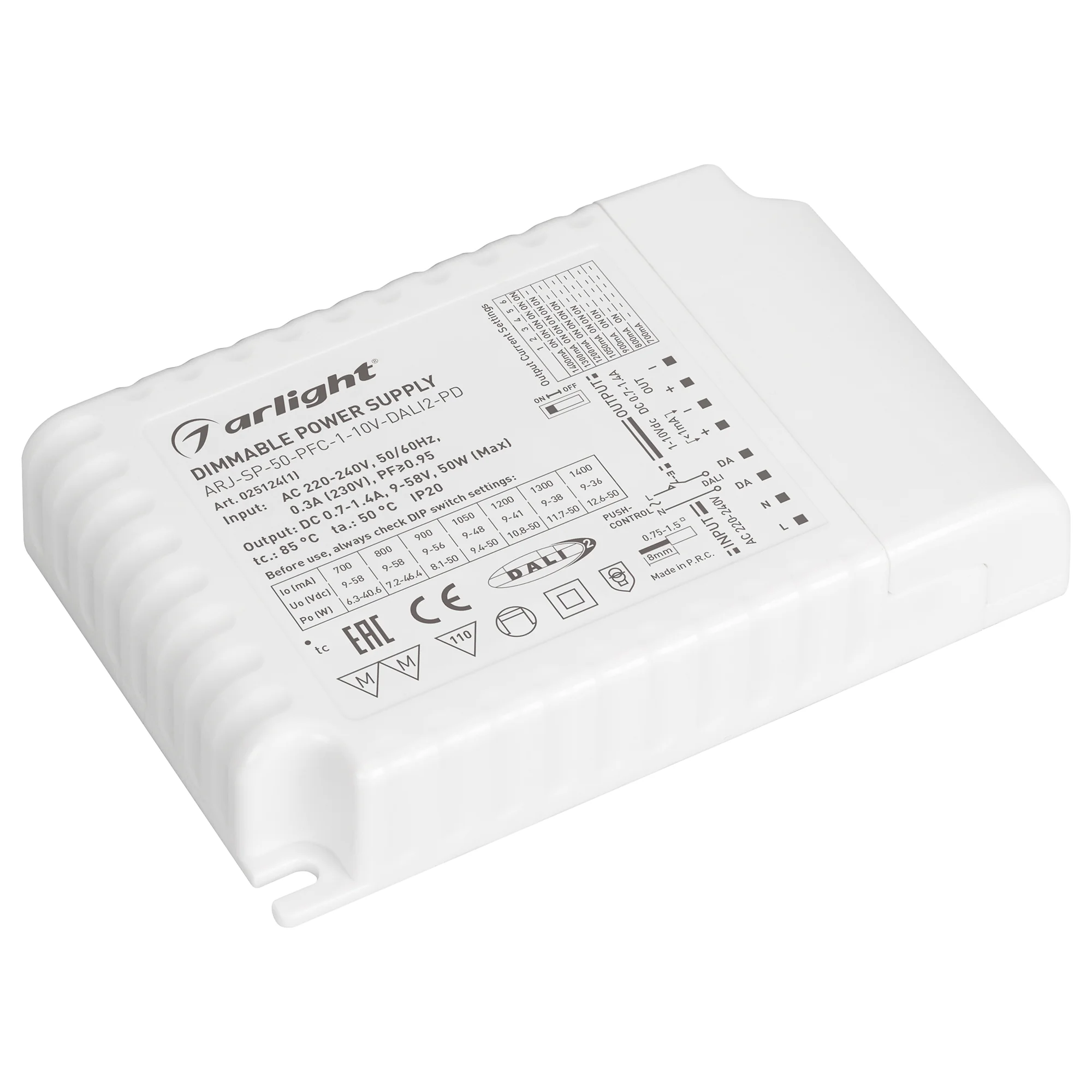 Блок питания ARJ-SP-50-PFC-1-10V-DALI2-PD (50W, 700-1400mA) (IP20 Пластик, 5 лет)