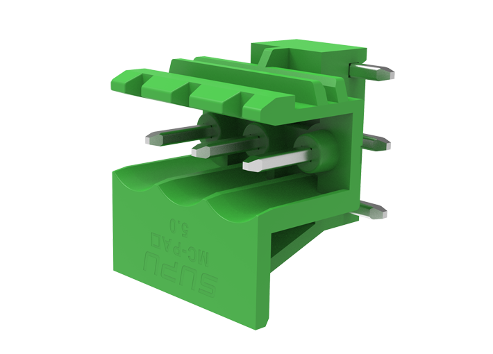 Вилочный разъем на плату MC-PAR5.0H03-0001 - Вилочный разъем, горизонтальный, на плату, шаг: 5.0 мм, 3 полюса, фиксация на плате пайкой, исполнение: стандартное, 320V, 12A, цвет: зеленый