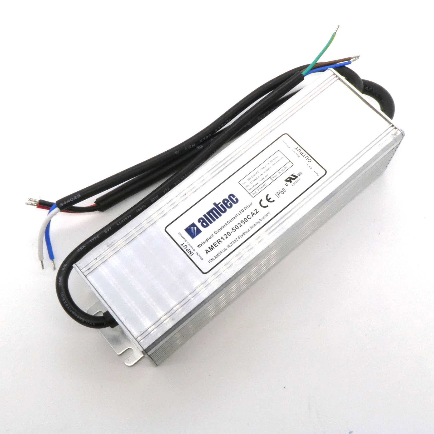 AMER120-50250CAZ - AC-DC led, 125Вт, выход DC 36...50В, Iстаб=2500мА, стаб. тока/стаб.напр., IP68, вход AC 90...305В, DC 120...430В, PFC,  КПД 85%, изоляция 3750В AC, в корпусе, -55...+85°С