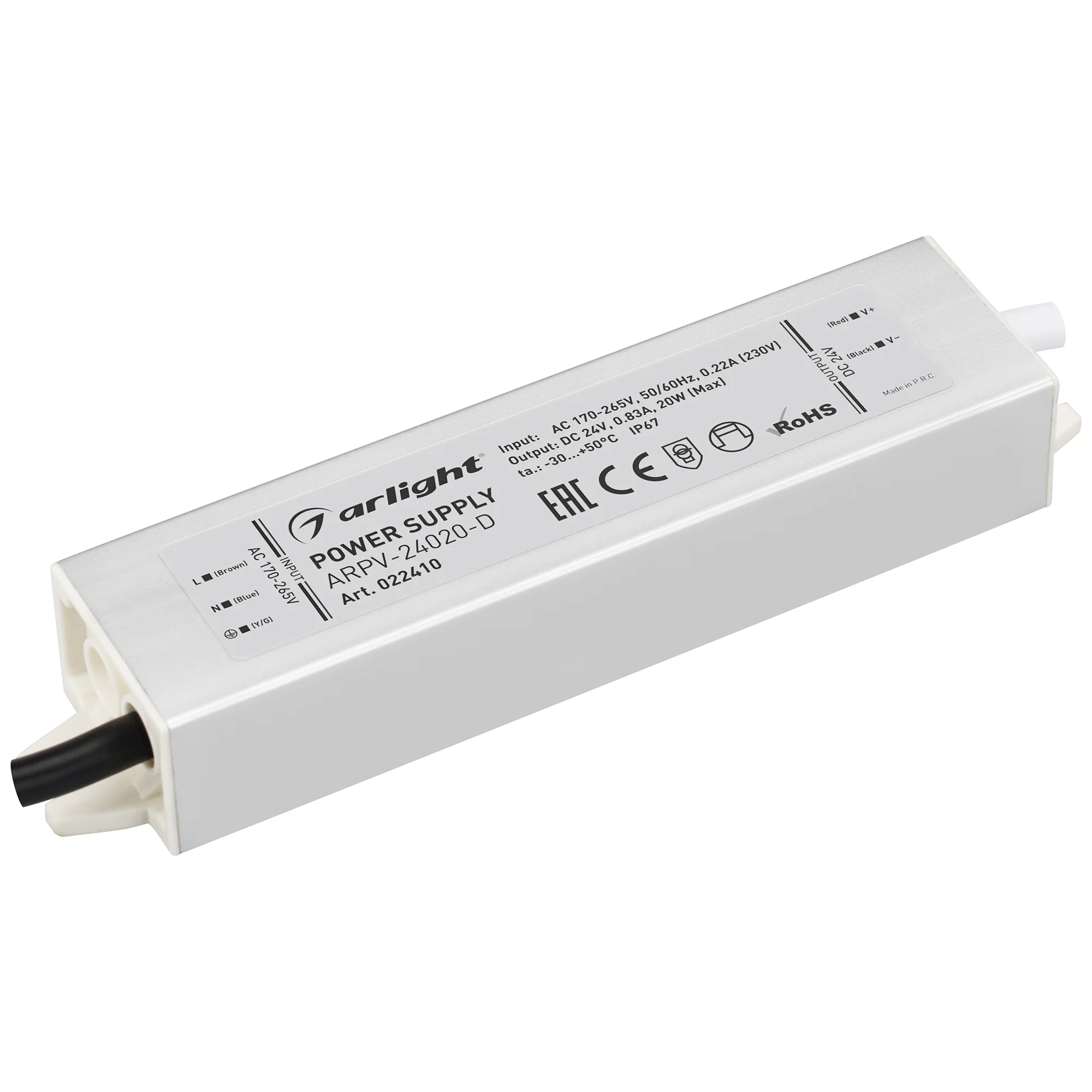 Блок питания ARPV-24020-D (24V, 0.8A, 20W) 022410 - Источник напряжения с гальванической развязкой для светодиодных изделий. Входное напряжение 170-265 VAC. Выходные параметры: 24 В, 0,83 А, 20 Вт. Встроенный PFC >0,5. Герметичный алюминиевый корпус IP 67