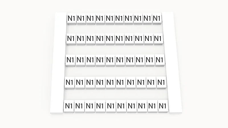 Марк. кассета DEK5-50P-19-158Z(H) - Маркировочные шильдики для клемм WS…, сечением 2,5 мм кв., боковая, 50 шильдиков, нанесенные символы: N1, по 5 полосок,с вертикальным расположением, размер шильдика: 4,8х5,5 мм, цвет белый