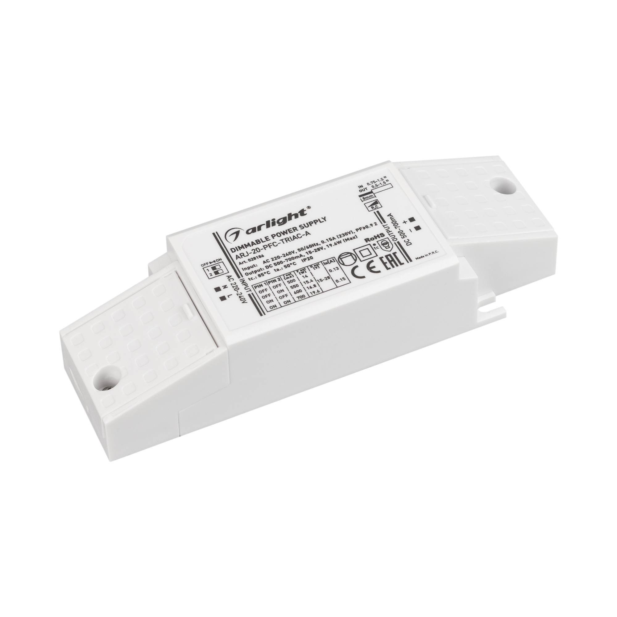 Блок питания ARJ-20-PFC-TRIAC-A (20W, 500-700mA) 028186 - Диммируемый источник тока по стандарту TRIAC с гальванической развязкой для светильников и мощных светодиодов. Входное напряжение 220-240 VAC. Выходные параметры: 15-28 В, 500-700 mА, 20 Вт. Выбор 