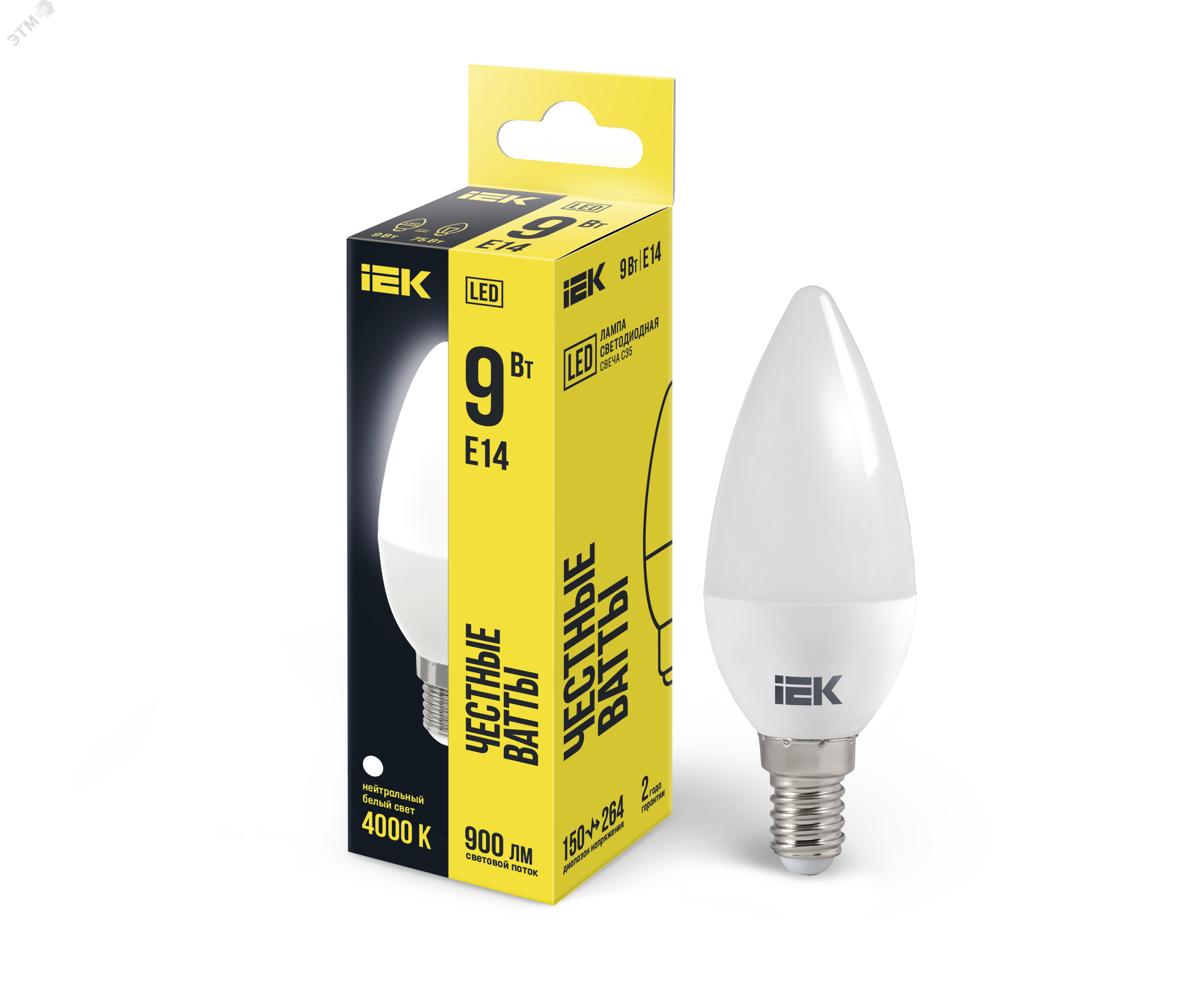 Лампа светодиодная Eco 9Вт C35 свеча 4000К нейтр. бел. E14 230В IEK LLE-C35-9-230-40-E14