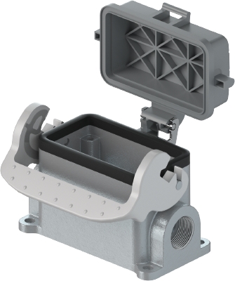 Закрытое основание разъема 70.340.0635.1 - Основание разъема на панель, закрытое, типоразмер 6B, с уплотнителем, 2 отверстия с резьбой для кабельных вводов M20x1,5, с одной защелкой, с защитной крышкой, материал корпуса: алюминиевый сплав