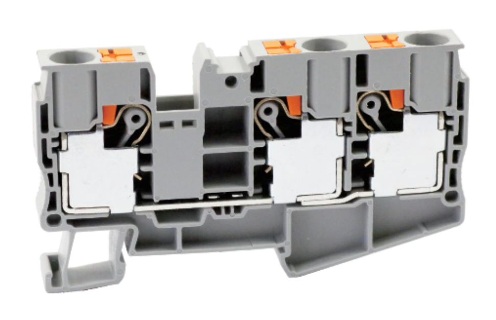 Проходная клемма UJ6-10/1X2 - Проходная клемма, 3 точки подключения в клемме, тип фиксации провода: push-in, номинальное сечение: 10 мм кв., 57A, 1000V, ширина: 10,2 мм, цвет: серый, тип монтажа: DIN 35