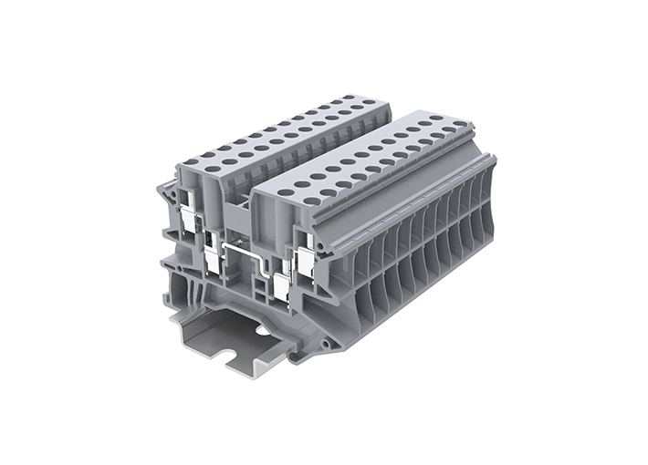 Проходная клемма TU4-4-GY - Проходная клемма, 4 точки подключения, тип фиксации провода: винтовой, номинальное сечение: 4 мм кв., 32A, 1000V, ширина: 6,2 мм, цвет: серый, тип монтажа: DIN 35