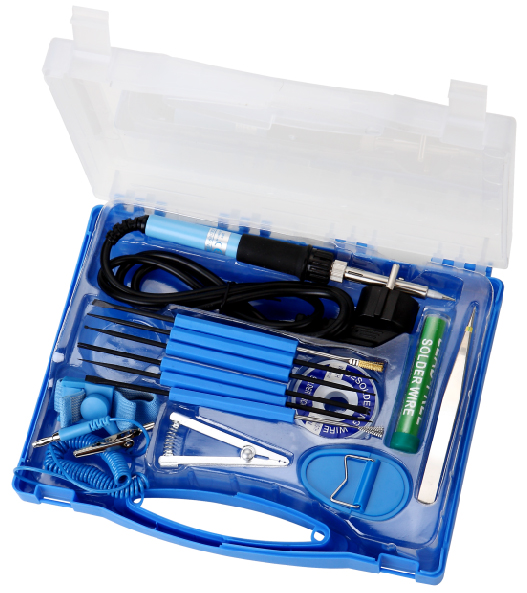 ZD-921H - Набор инструмента: паяльник 220В/20Вт, олово, канифоль, инструмент ZD151, браслет ZD152, оплетка для удаления припоя, пинцет, пластиковый кейс