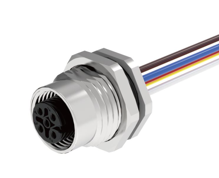 Розеточный разъем в панель M12D04C-FRHR-UC0.5 - Розеточный разъем в панель, 4 полюса, M12, гайка спереди, с проводом 0,5 метра, D-Code, 4А, 250V, резьба на гайке M16*1.5, резьбовое соединение: латунь, неэкранированный