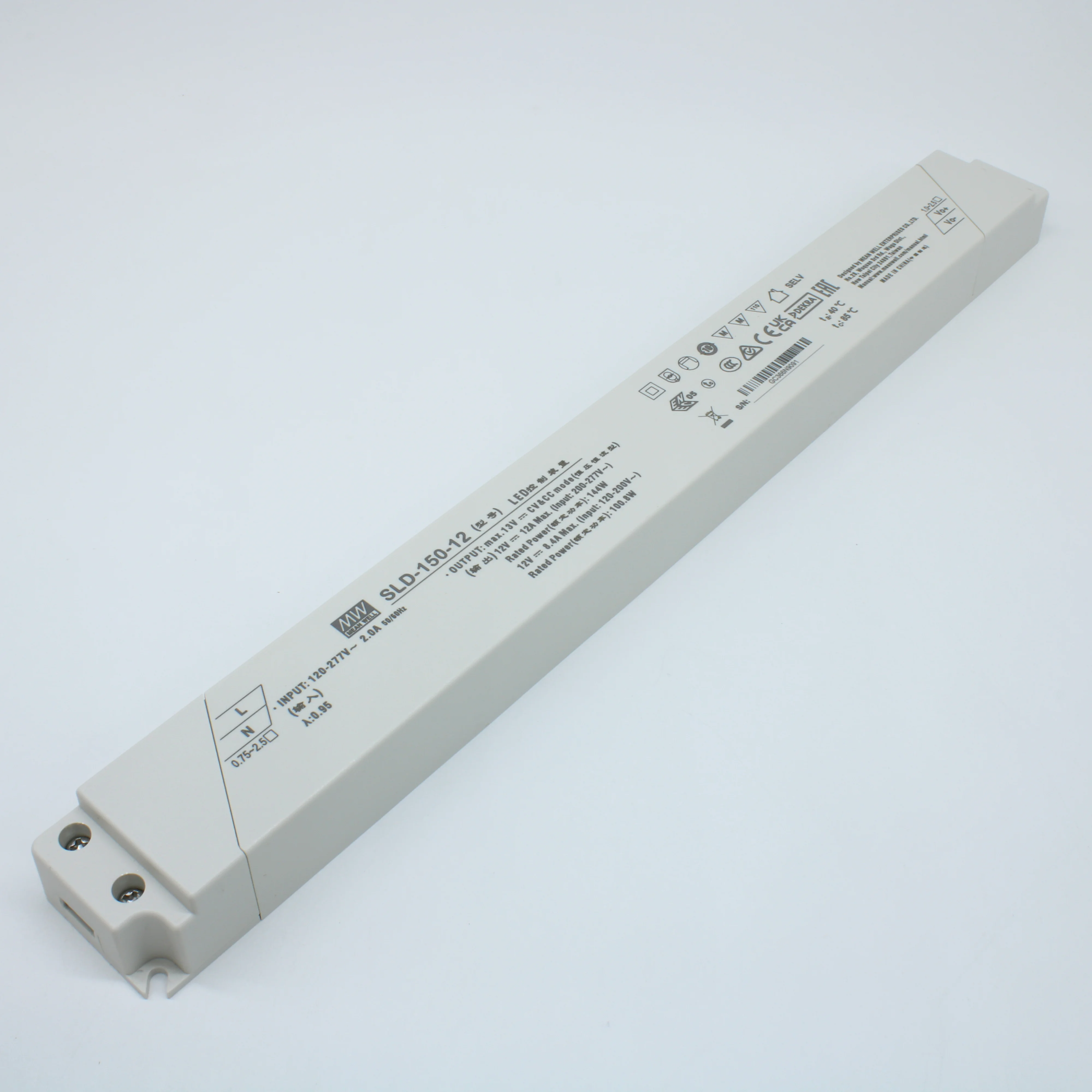 SLD-150-12 - AC-DC, 144Вт, вход 120…305В AC, 47…63Гц/170…431В DC, ККМ, 12В/12А, изоляция 3750В AC, в кожухе 330х35х22, -40…+80°С (корпус)